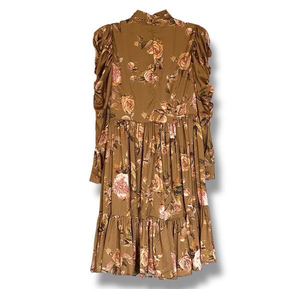 Beulah Style Satin Long Sleeve Ruched Mini Dress Gold Floral Small - Picture 2 of 12